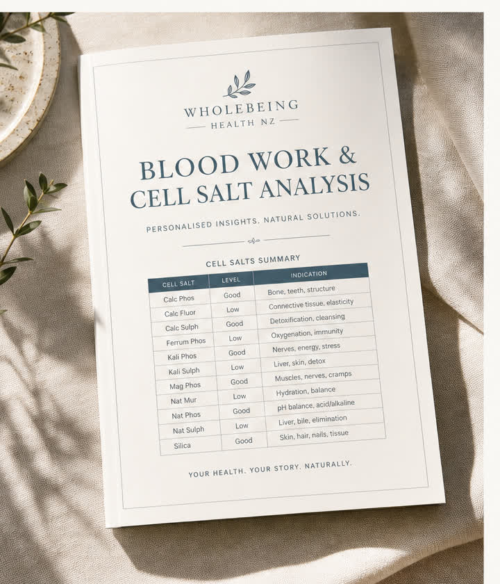 Sample Wholebeing Health blood work and cell salt analysis report on linen